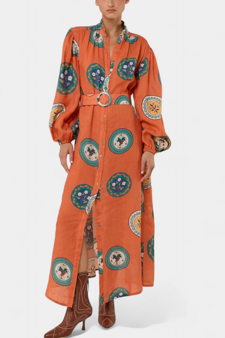 Sibley | Vestido Maxi de Lino con Estampado Exclusivo y Cinturón
