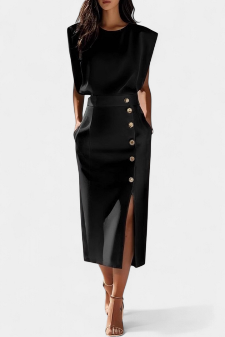 Ceecee Vestido Midi de Manga Larga | Botones Decorativos
