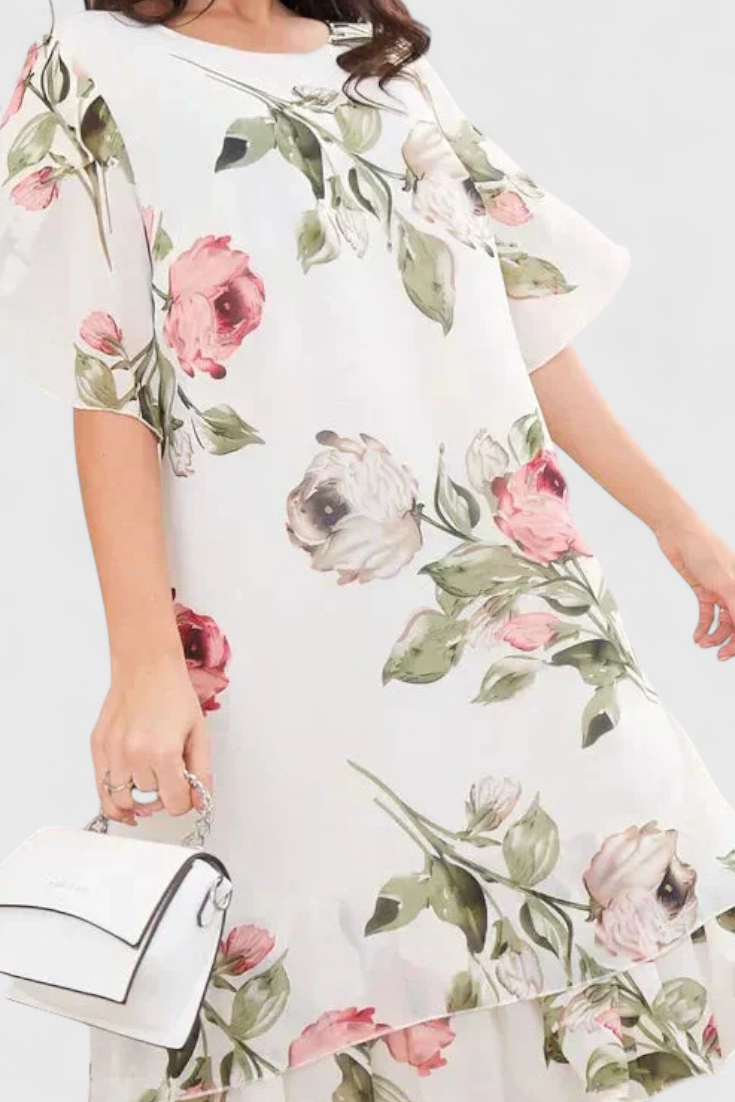 Tameka | Vestido de Gasa Fluida con Pétalos | Mangas Transparentes