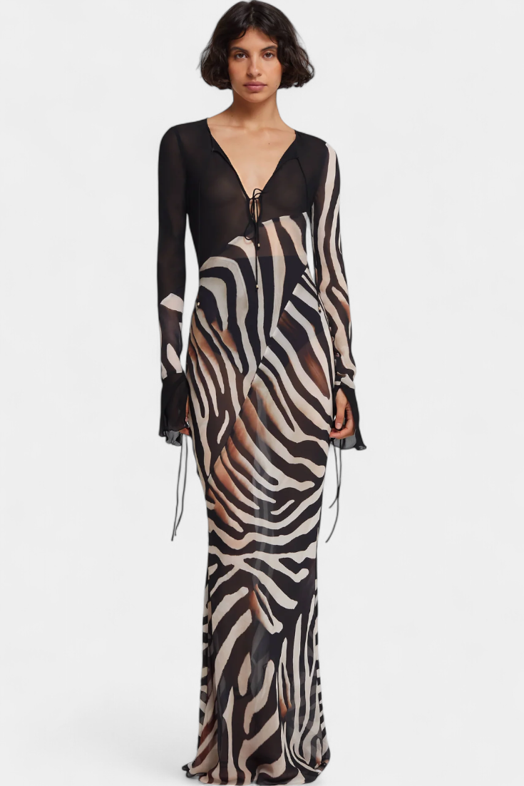 Taisia | Vestido Largo Estampado Animal con Escote Profundo