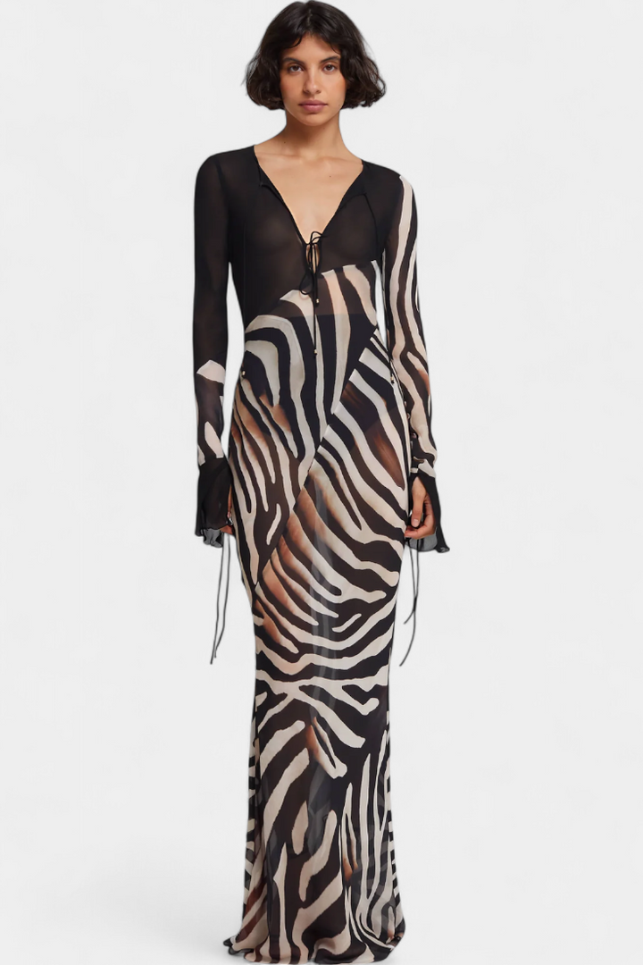 Taisia | Vestido Largo Estampado Animal con Escote Profundo