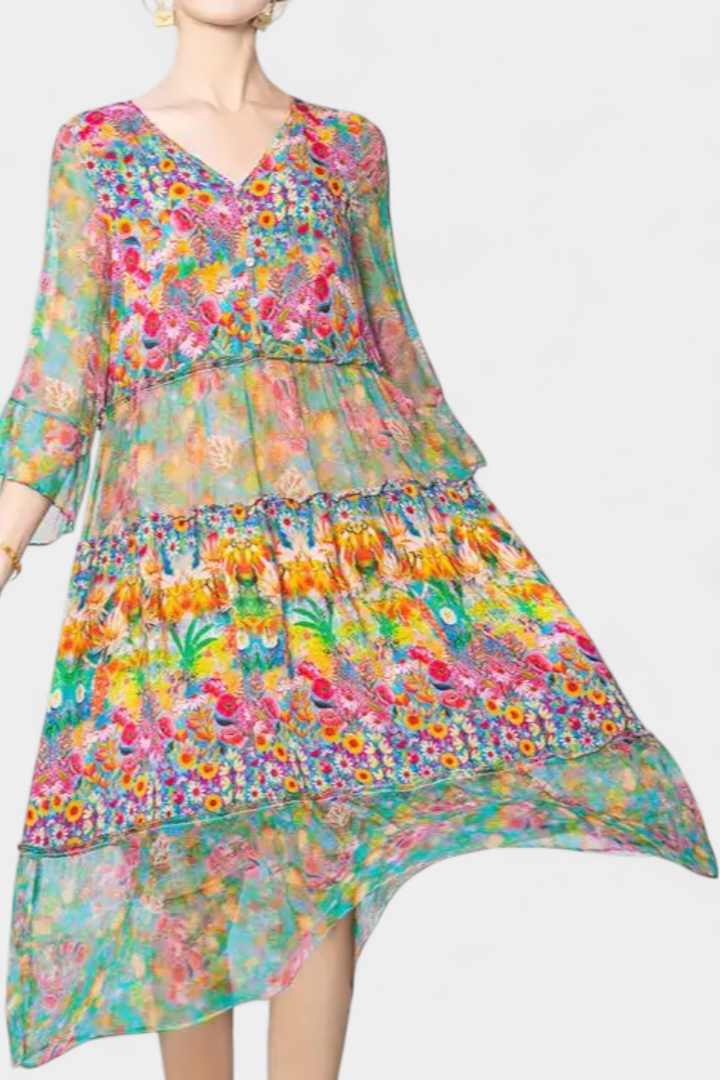 Kate | Vestido Midi Vaporoso con Estampado Floral Artístico