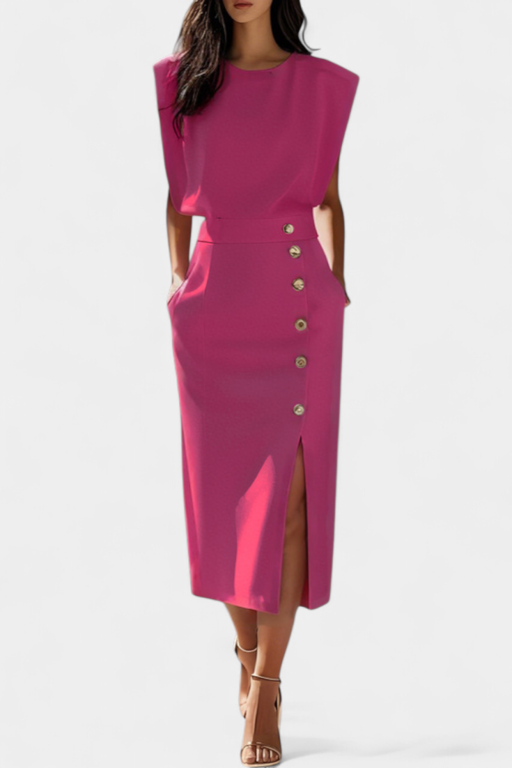 Ceecee Vestido Midi de Manga Larga | Botones Decorativos