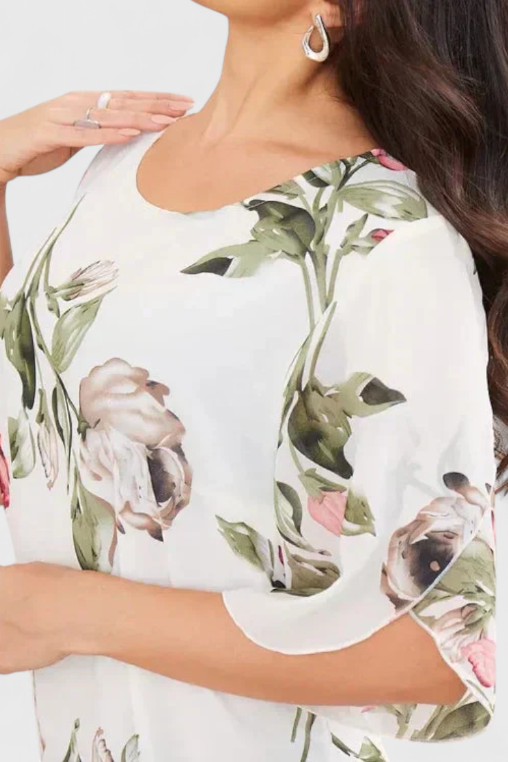 Tameka | Vestido de Gasa Fluida con Pétalos | Mangas Transparentes