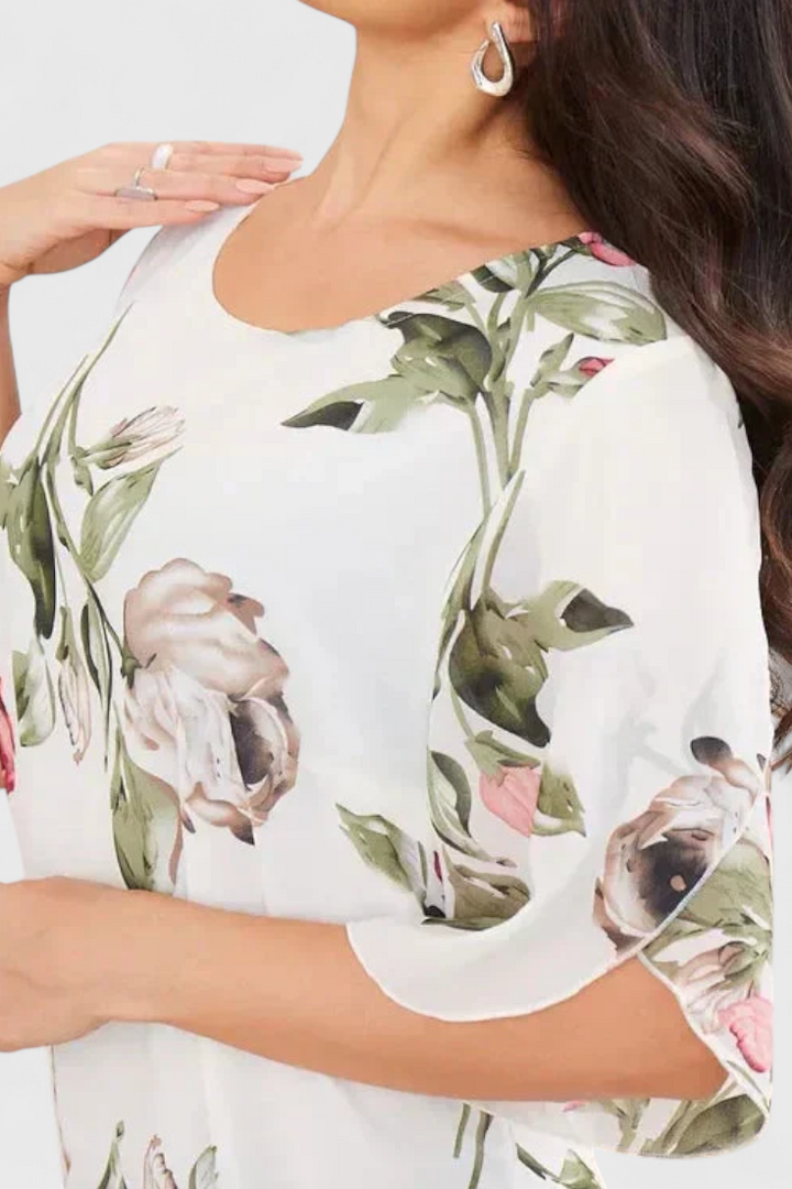 Tameka | Vestido de Gasa Fluida con Pétalos | Mangas Transparentes