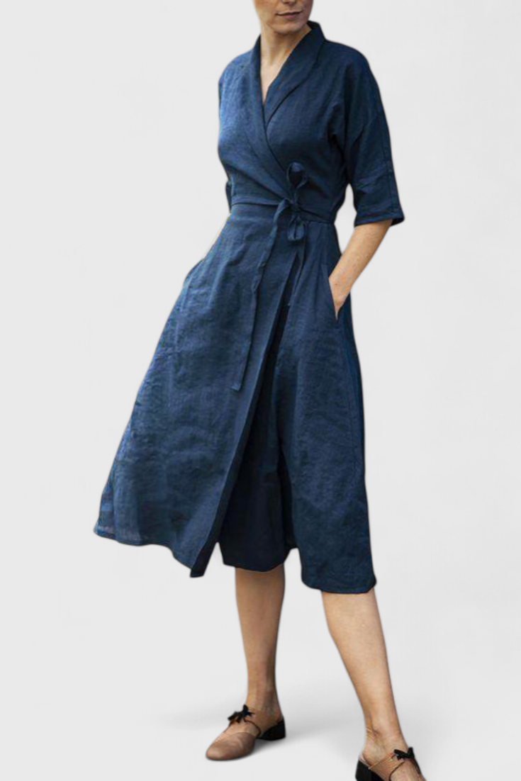 Sharon | Vintage φόρεμα midi με γιακά και πέτο από βαμβάκι και λινό