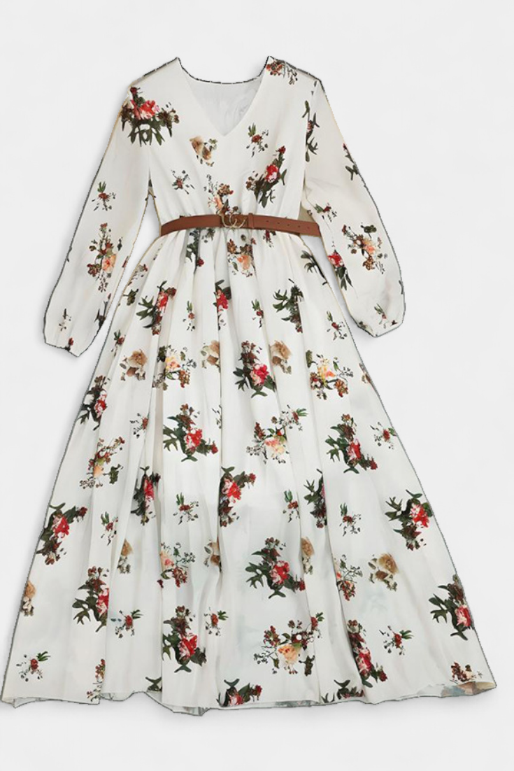 Amanda Vestido Maxi Floral | Cuello en V | Mangas Largas