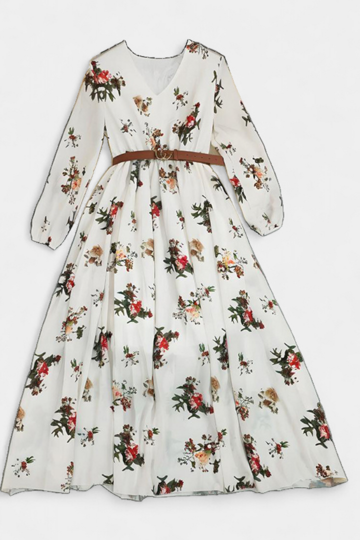 Amanda Vestido Maxi Floral | Cuello en V | Mangas Largas
