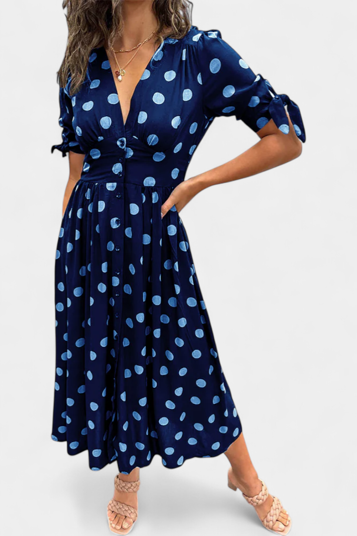 Lizzie Vestido Midi de Lunares | Escote en V Profundo