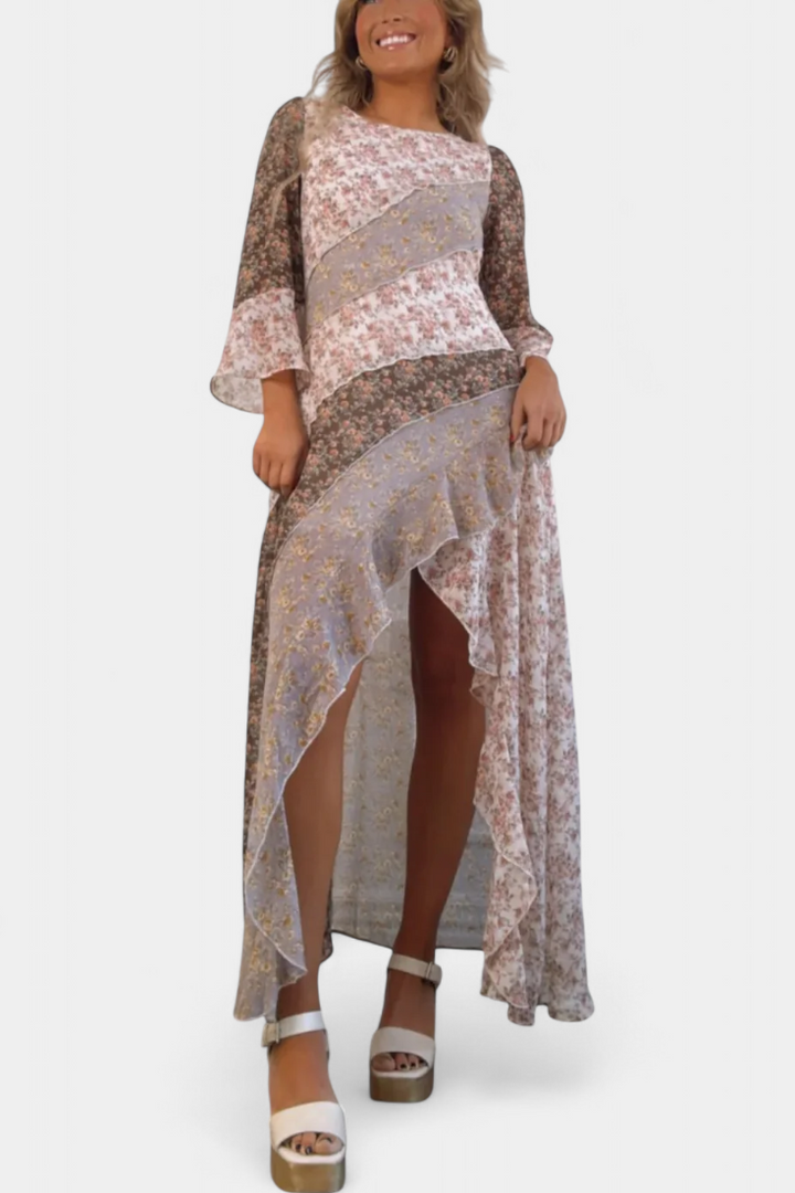 Ruth | Vestido Largo Floral con Mangas 3/4 | Paneles Volantes