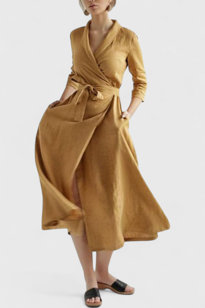 Sharon | Vintage φόρεμα midi με γιακά και πέτο από βαμβάκι και λινό