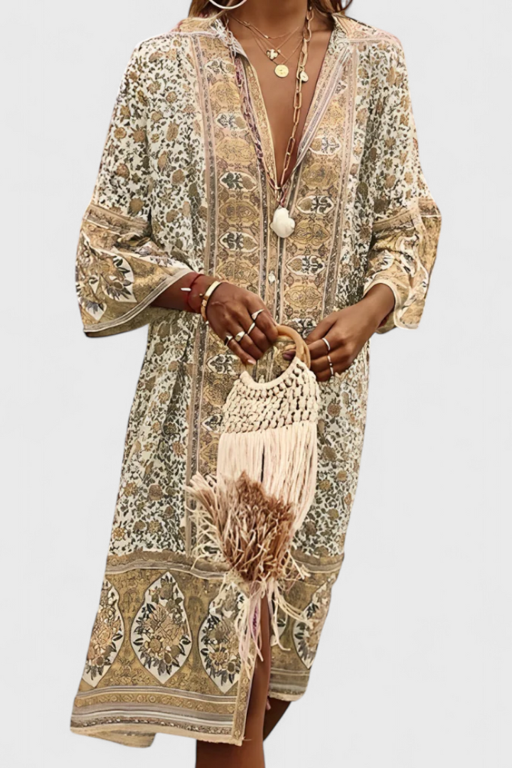 Chinara Vestido Largo Boho | Bordado Étnico | Silueta Relajada