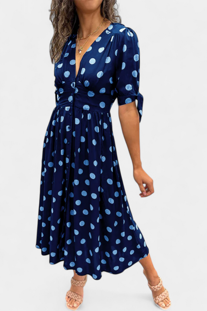 Lizzie Vestido Midi de Lunares | Escote en V Profundo