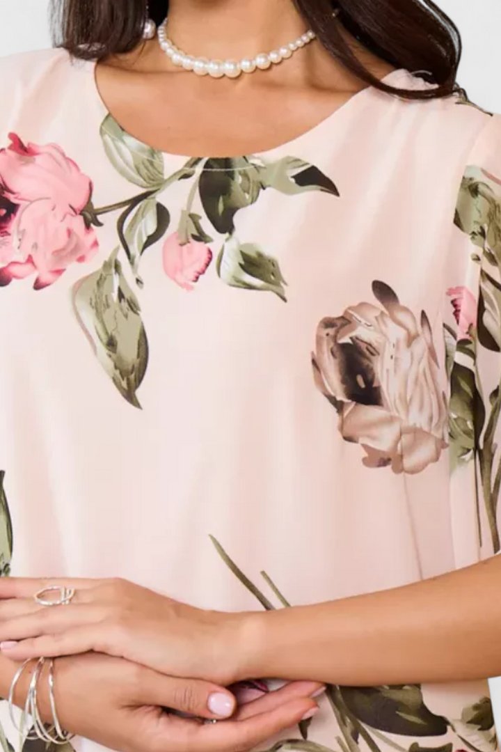 Tameka | Vestido de Gasa Fluida con Pétalos | Mangas Transparentes