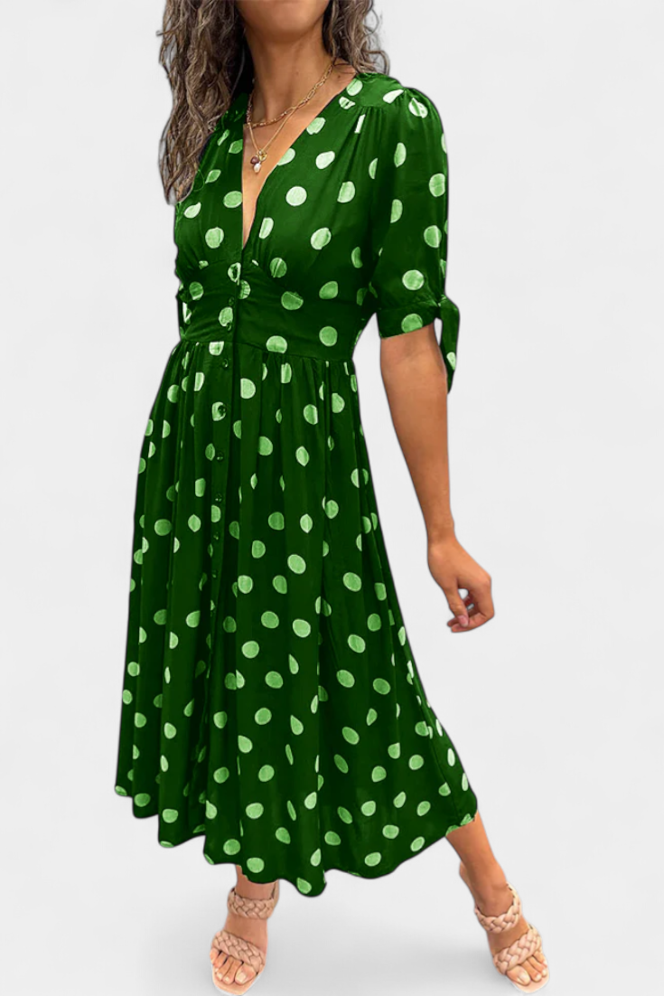 Lizzie Vestido Midi de Lunares | Escote en V Profundo