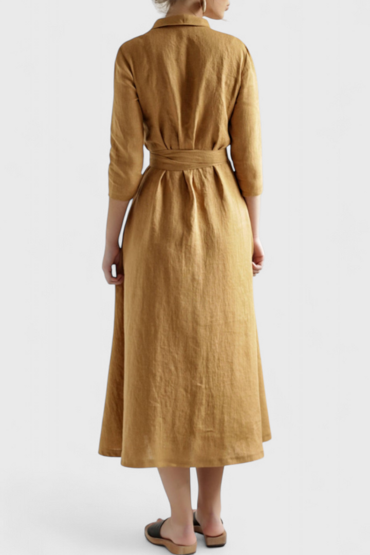 Sharon | Vintage φόρεμα midi με γιακά και πέτο από βαμβάκι και λινό