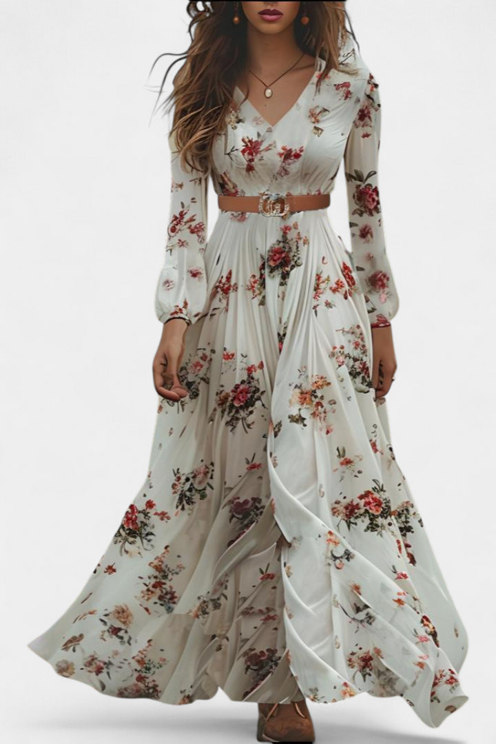 Amanda Vestido Maxi Floral | Cuello en V | Mangas Largas